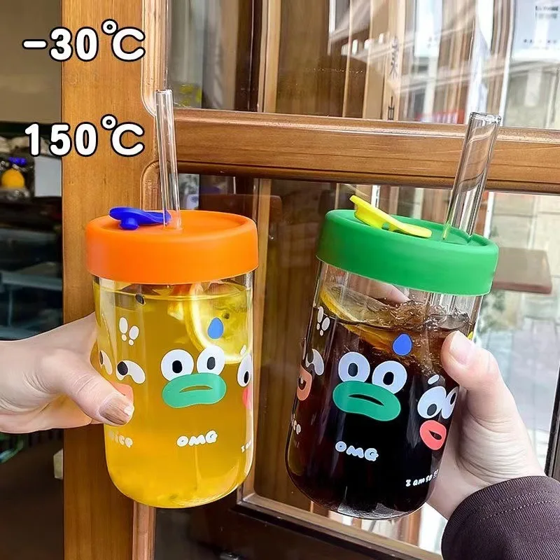 Small Fresh Glass with Silicone Cover Large Capacity Sippy Cup Printed Cute High Appearance Level Girl Big Eyes Water Cup