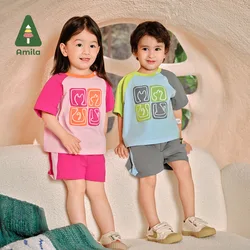 Amila  2024 Summer New Product Boys and Girls Set Colored Short sleeved Shorts Cartoon Print Casual High Quality Set