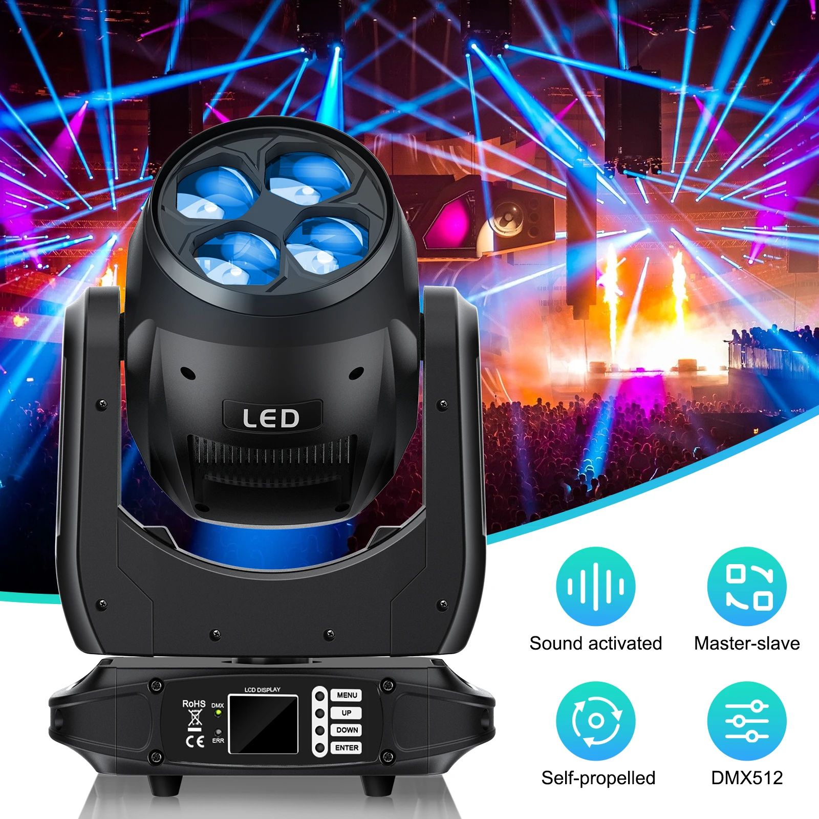 U'King-Projecteur de Lumière LED à Tête Mobile, avec Œil à Équation, Effet Zoom RGBW, Projecteur de Scène Rotatif pour DJ et ixde Chang, 160W, 4x40W