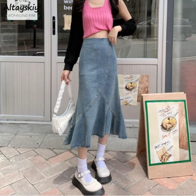 

Skirts Women Sweet Solid Popular Mid-calf Harajuku Vintage Denim Korean Style Casual Trumpet Basic Empire All-match Holiday Fall