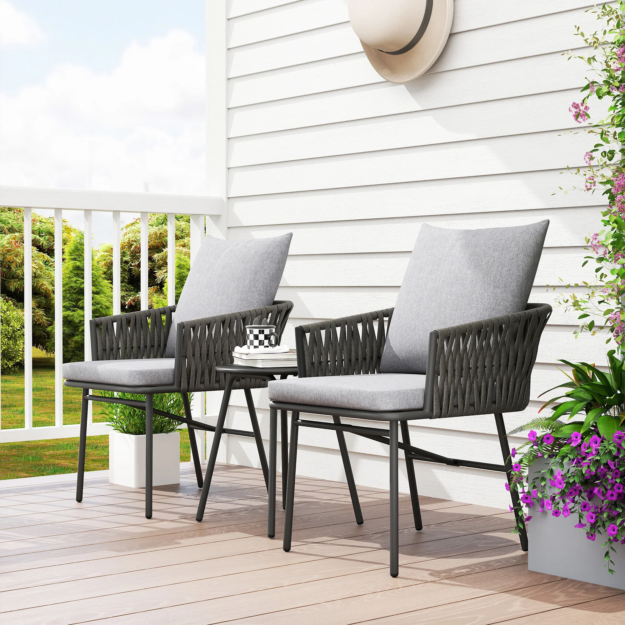Outsunny 3-Piece Rattan Bistro Set, Garden Table and Chairs with 4 Cushions, Grey