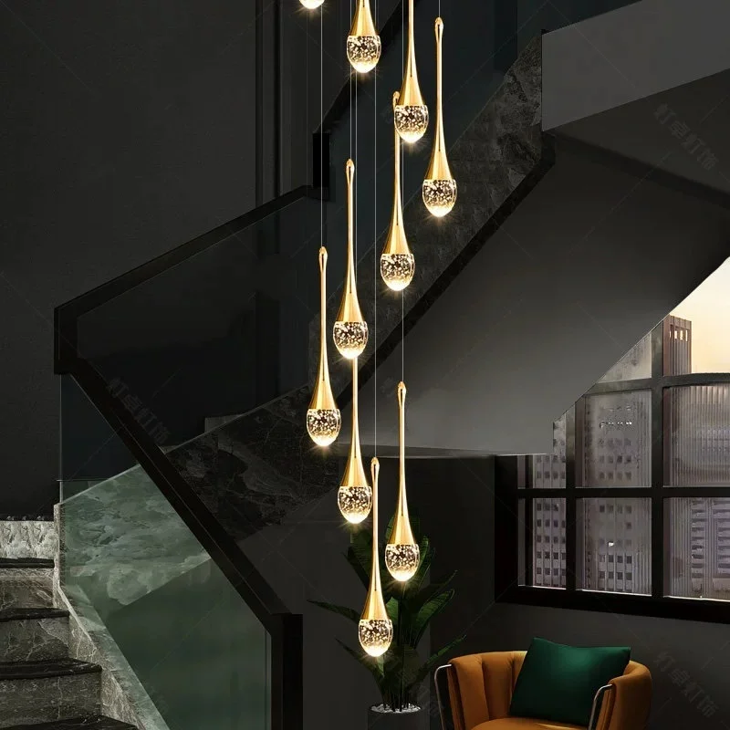 Hanging Staircase Pendant Designer Long Ceiling Lamp Living Room Chandelier Indoor Lighting Modern LED Crystal Pendent Lamp