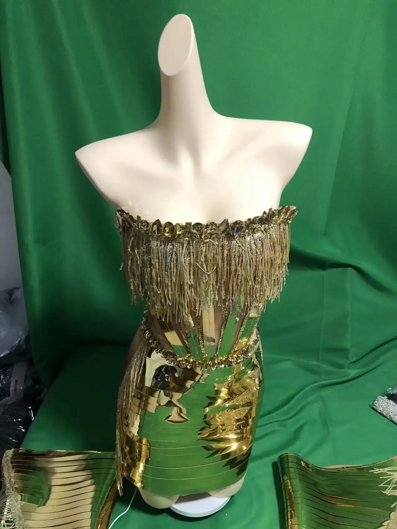 

Stage Wear Gold Stunning Perform Women 2 Pcs Set Dress Sequins Fringe New Sexy Drag Queen Outfit Singer Dancer Nightclub