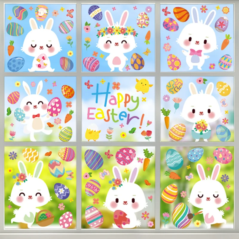 9pc Kawaii Easter Eggs Rabbit Wall Sticker Shop Window Glass Layout Electrostatic Decoration Sticker Moisture-proof Anti Fouling