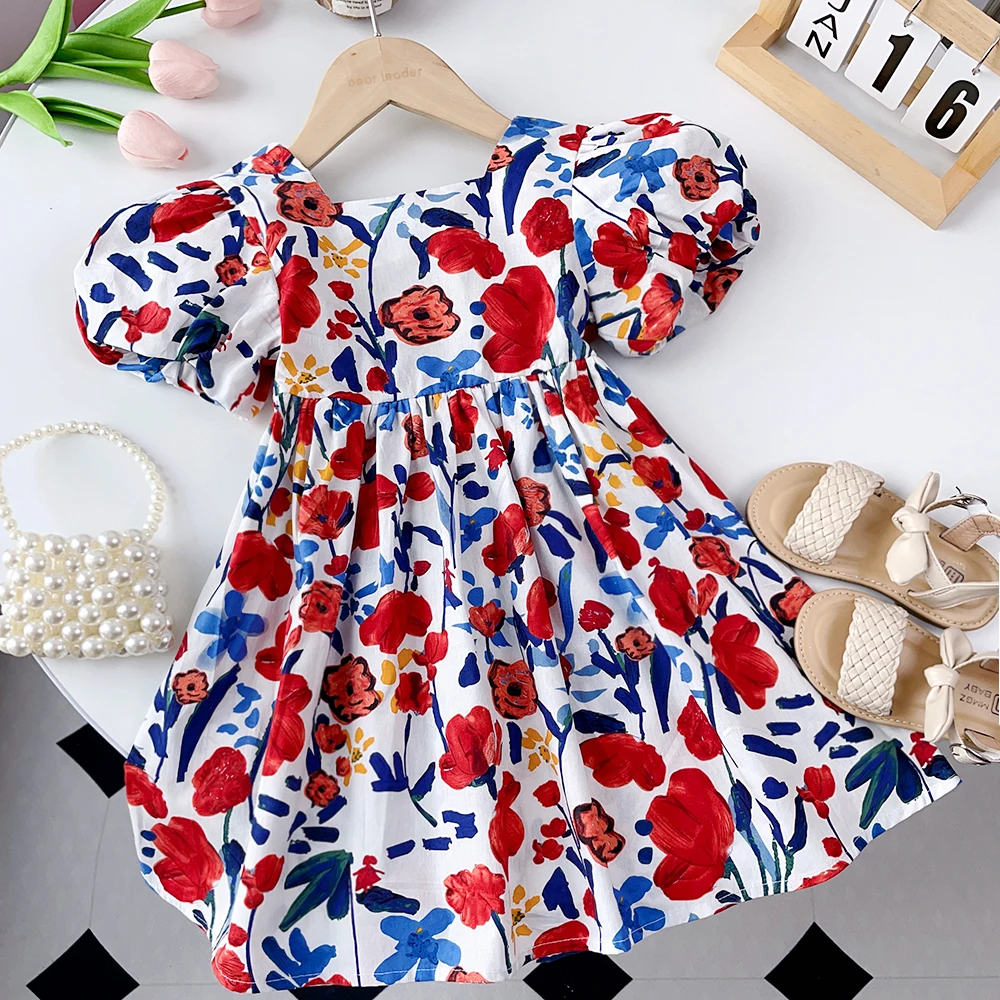 3-7 Years Girls Summer New Fashion Sweet Clothes Print Puff Sleeve Bow Backless Princess Dress 1 Pc Kids Party Cute Wear
