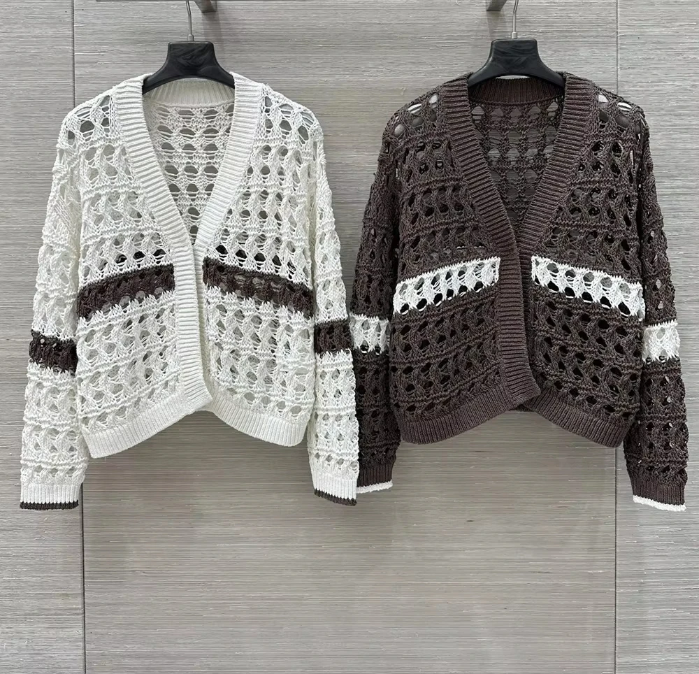 

Designer Brand Hollow out contrast color women loose knitted cardigan casual v-neck sweater jumpers