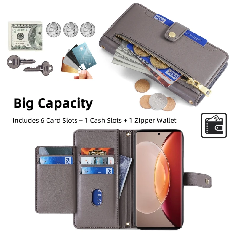 Zipper Wallet Case Multi Cards Flip Cover For Xiaomi Redmi 10X 9 Power 8A 7A Note 10 Lite 9T 8T Removable Hand Strap Phone Case