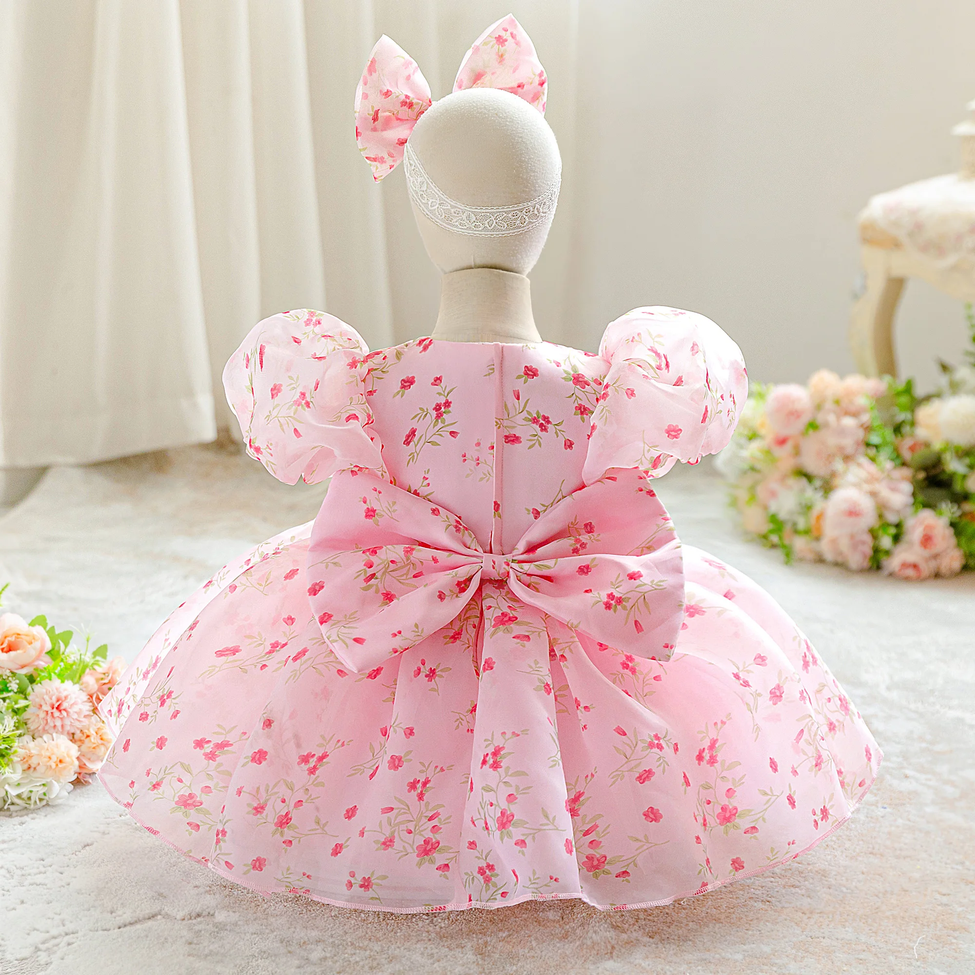 2pcs Toddler Flower Party Baby Girls Dress Elegant Pink Wedding Princess Prom Gown Baby Bridesmaids 1 Yrs Birthday Tutu Dresses
