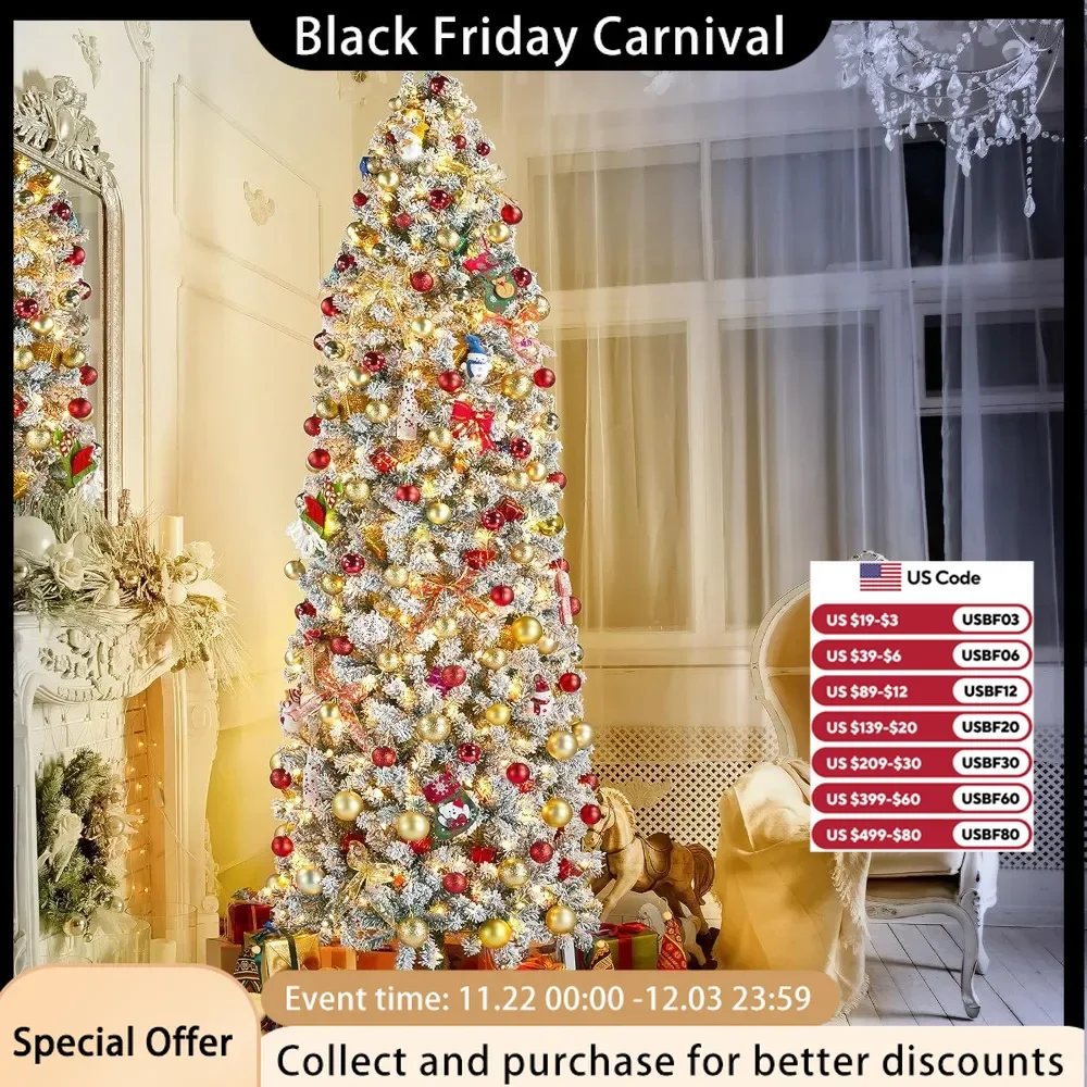 9-foot Snowflake Velvet Pencil Christmas Tree, Fir Hinge Slim Corner Christmas Tree with 350 Incandescent Warm White Lights