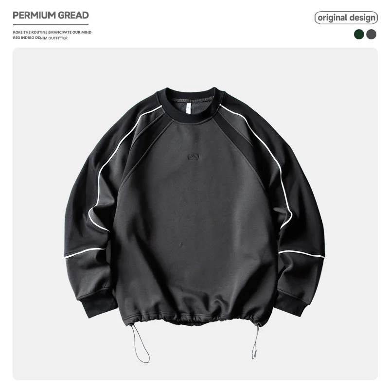 Streetwear Original Design Crew Neck Patchwork Fleece-Lined Thickened Workwear Loose Fit Embroidered Long-Sleeved Sweatshirt