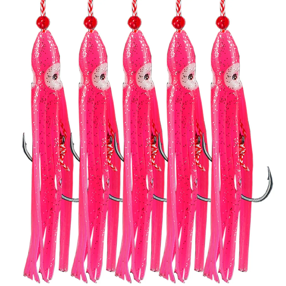 5pcs Fluorescent Bionic Octopus Bait Deep Sea Boat Fishing Long Casting Seabass Squid Quick Attack Double Hook Set Fake Bait Set