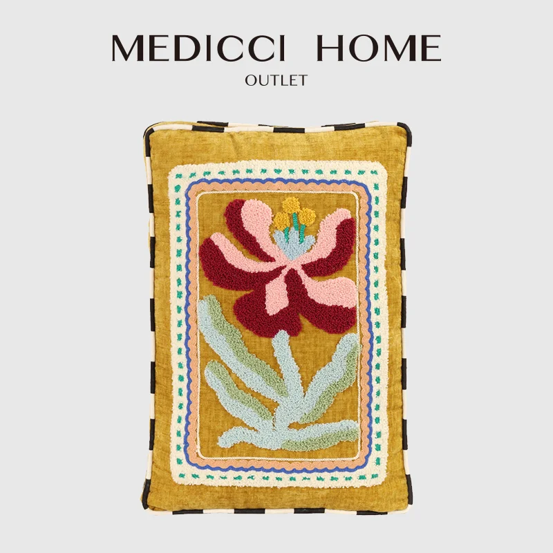 Medicci Home Multicolor Velvet Tufted Vintage Flower And Check Throw Pillow Case Vertically Oriented Luxe Cushion Cover 30x45cm