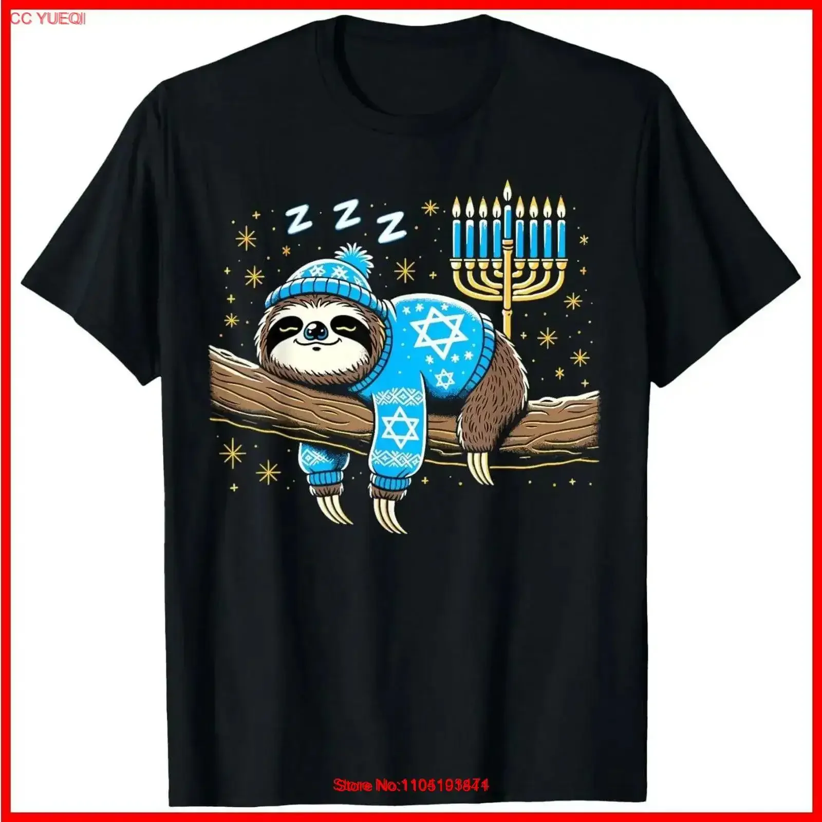 Funny Hanukkah Sloth Jewish Chanukah Sleeping PJs Black Cotton T Shirt vintage Washed designer clothes Versatile