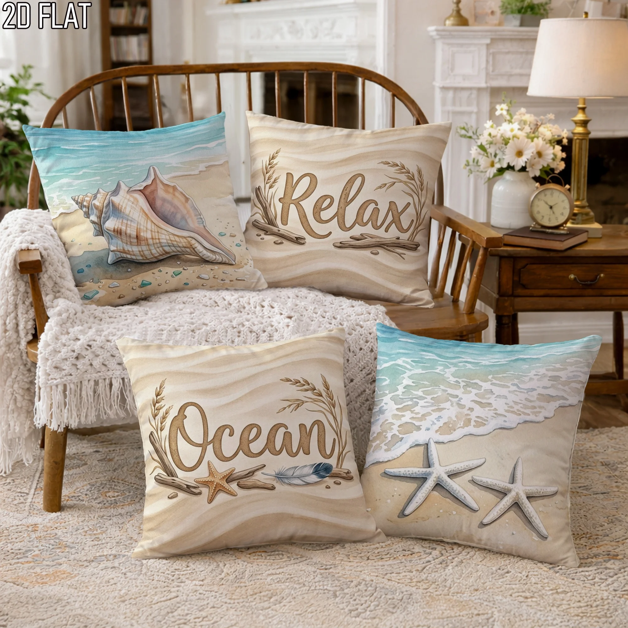 Decorative 4 Piece Ocean Beach Print Throw Pillow Covers Set Coastal Nautical Sea Shell Pattern Polyester Cushion Pillow for Hom