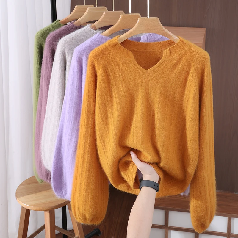 خريف/شتاء جديد المنك سترة الكشمير المعنقة الإناث الخامس الرقبة مع الصوف الصلب محبوك قاع قميص فضفاض