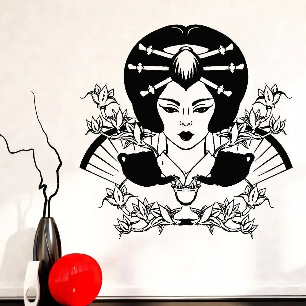 Pegatinas de pared retro con diseño de geisha, flores y ceremonia del té, calcomanía de pared con tetera, decoración de pared artística para sala de estar u oficina, Z210