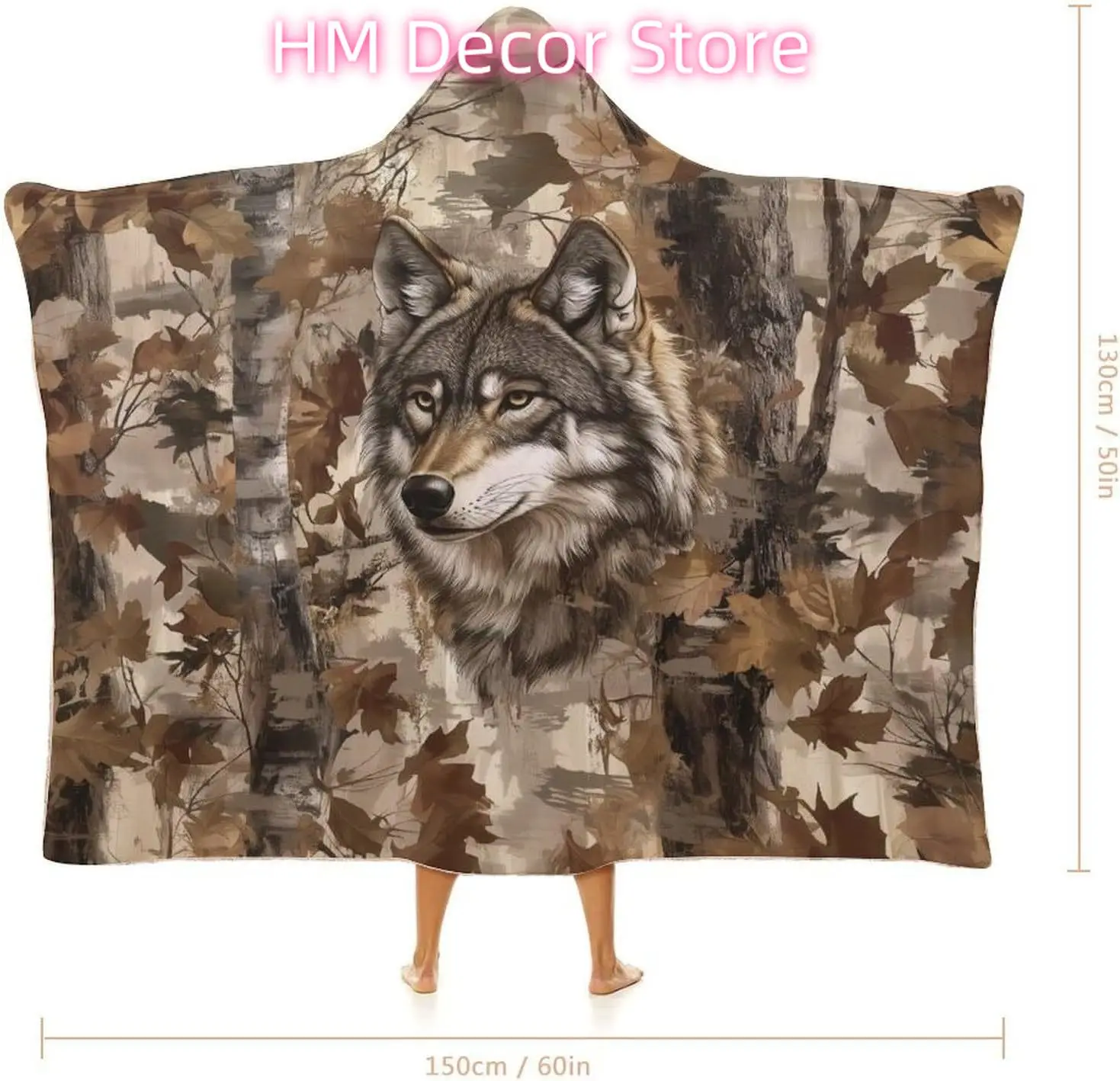 Hunting Wolf Wearable Blanket, Fleece Flannel Blanket Hoodie, Warm Cozy Hooded Nature Camo Wolf Blanket for Men Women