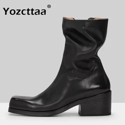 Yozcttaa Size 35-40 Women Ankle Boots Real Leather Thick High Heels Shoes 2025 Ins Fashion Fall Winter Short Booties Daily Dress