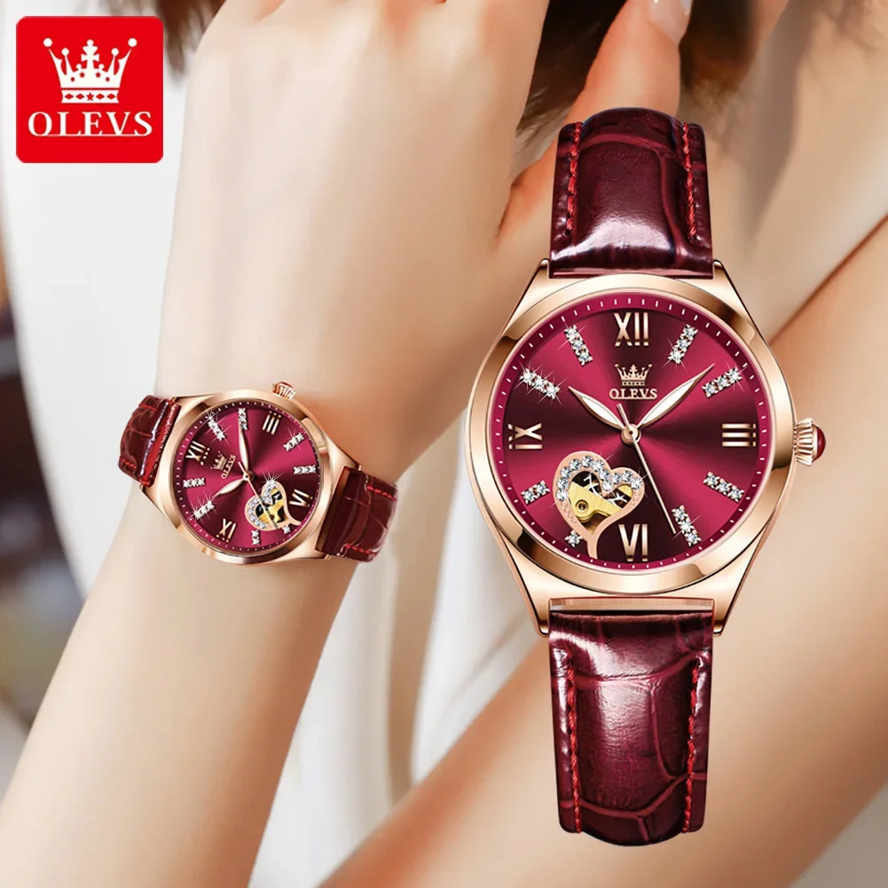 OLEVS Automatic Mechanical Watch for Women Diamond Love Dial Waterproof Luminous Leather Strap Fashion Elegant Ladies Wristwatch