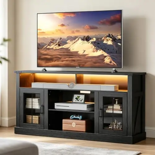 Farmhouse TV Stand for 65 Inch TV, Tall Entertainment Center with LED Lights & Storage Cabinets, TV Media Console Table