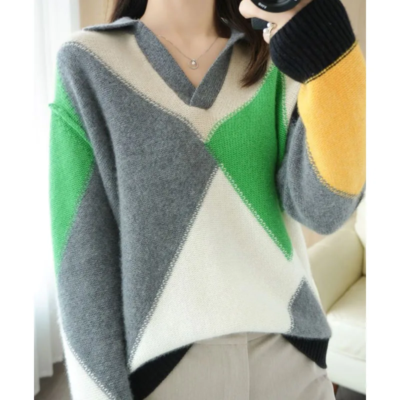 New Autumn/Winter Fashion Korean Edition Colorblock Polo Loose Large Size Versatile Western Casual Women\'s Long Sleeve Sweater