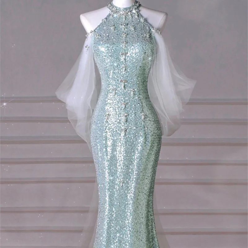 Mint green fishtail toast Light luxury niche host will banquet backless sequin halter dress