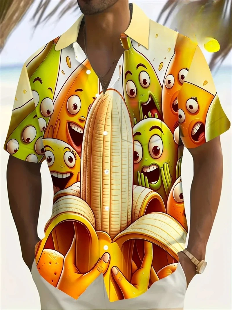 Hawaiian Men's Shirt Abstract Banana Pineapple 3D Printing Tee 2025 Funny Fruit Summer Blouse Lapel Short Sleeves Shirts Tops