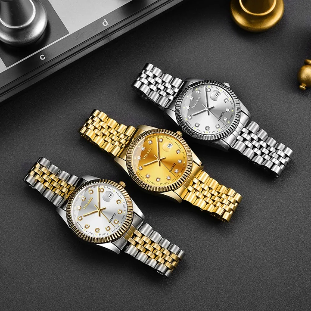 Couple Quartz Watch for Women Men Diamond Stainless Steel Calendar Lover Simple Leisure Fashion Gold Clock Wristwatch Relogio