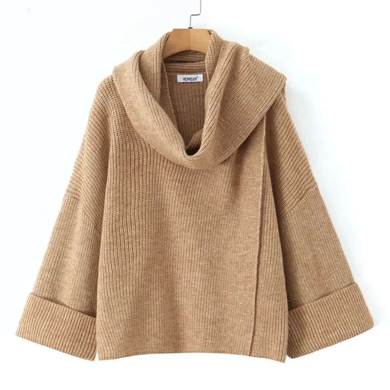 

Зимний женский свободный вязаный свитер в стиле ретро 2024, однотонный верхний шарф с деталями, мягкий удобный дизайн, повседневный теплый пуловер