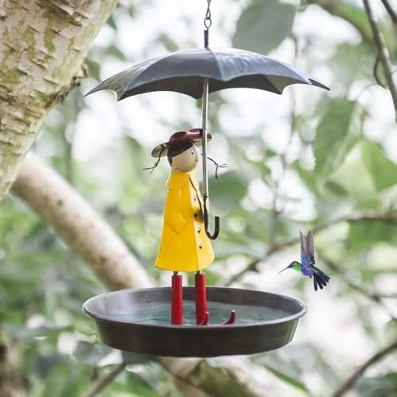 Outdoor Hanging Bird Feeder Set With Metal Chain And Umbrella Girl Shape, Feeder With Brush