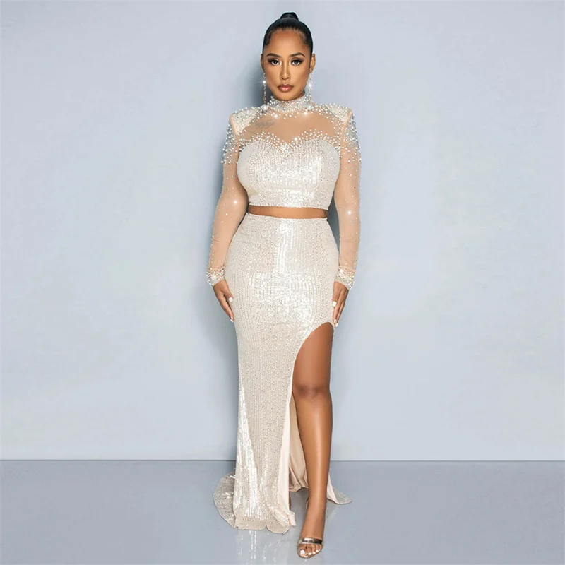 Sexy Sparkly Sequines Christmas Party Two Piece Set for Women Long Sleeve Mesh Sheer Diamond Top and High Split Skirt Dress Sets