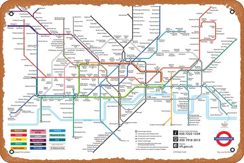London Underground Map - Poster Retro Metal Sign Vintage Tin Sign for Bar Man Cave Cafe Office Home Wall Decor Gift 12 X 8 inche