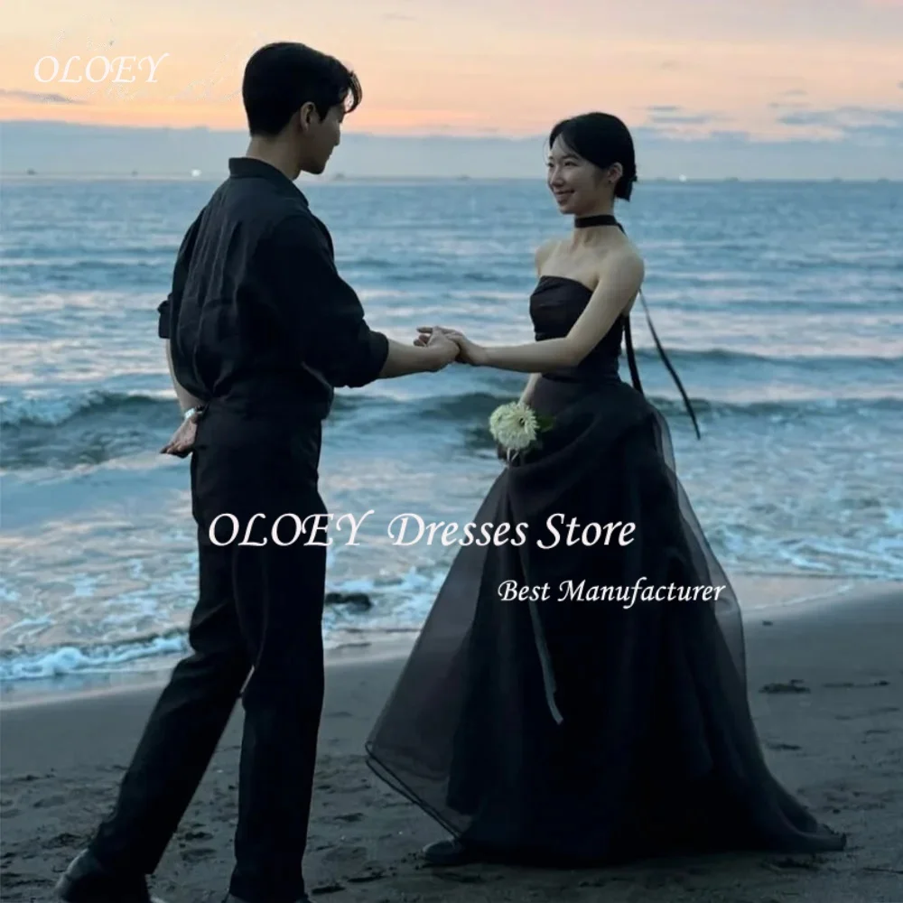 OLOEY 2026 Black Korean Wedding Dresses Customized 이브닝드레스 Strapless A Line Wedding Snap Dresses Elegant Reception Dresses