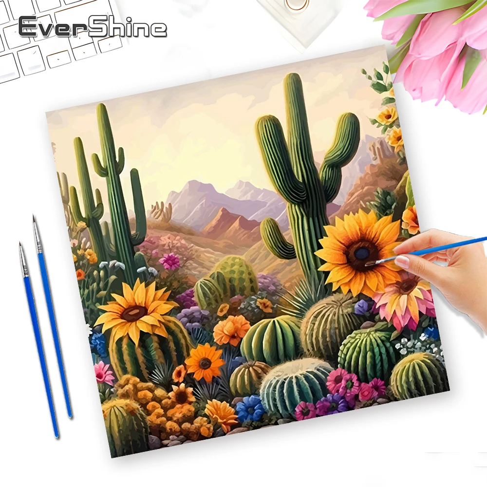 Evershine DIY Malen nach Zahlen Kaktus Zeichnung auf Leinwand Handgemaltes Gemälde Kunst Landschaft Färbung Sonnenblume Wanddekoration