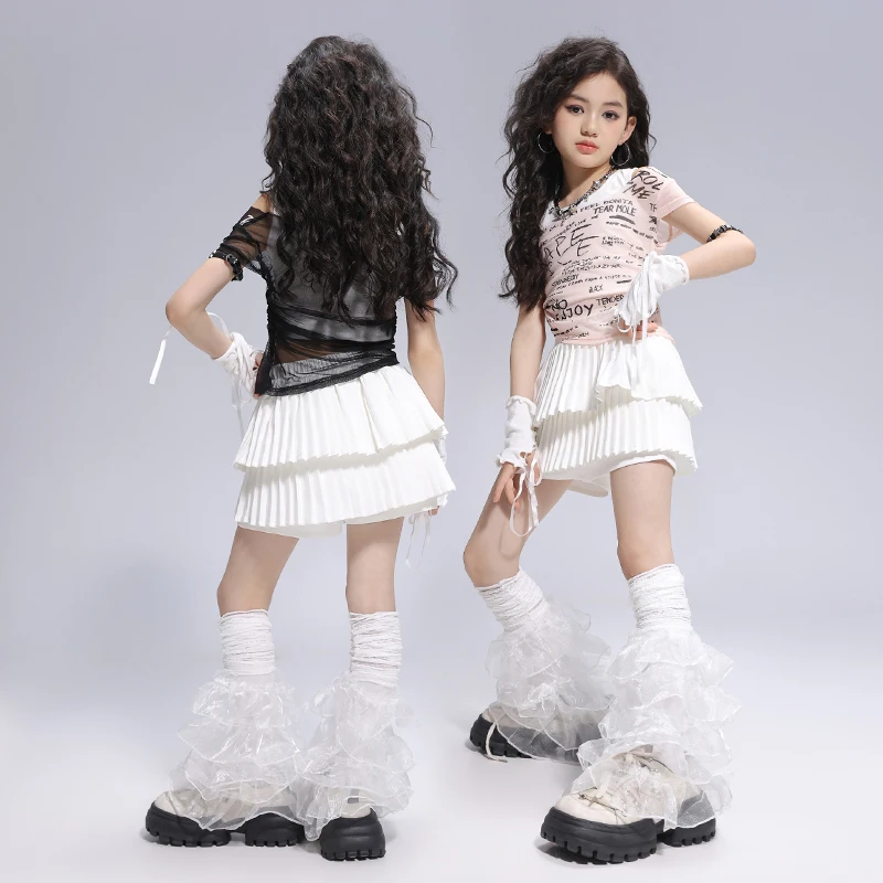 Hip Hop Girls K-pop Mesh Crop Top Shirt Street Dance Tiered Skirts Kids Streetwear Child Jazz Costume Girl Group Clothes Sets