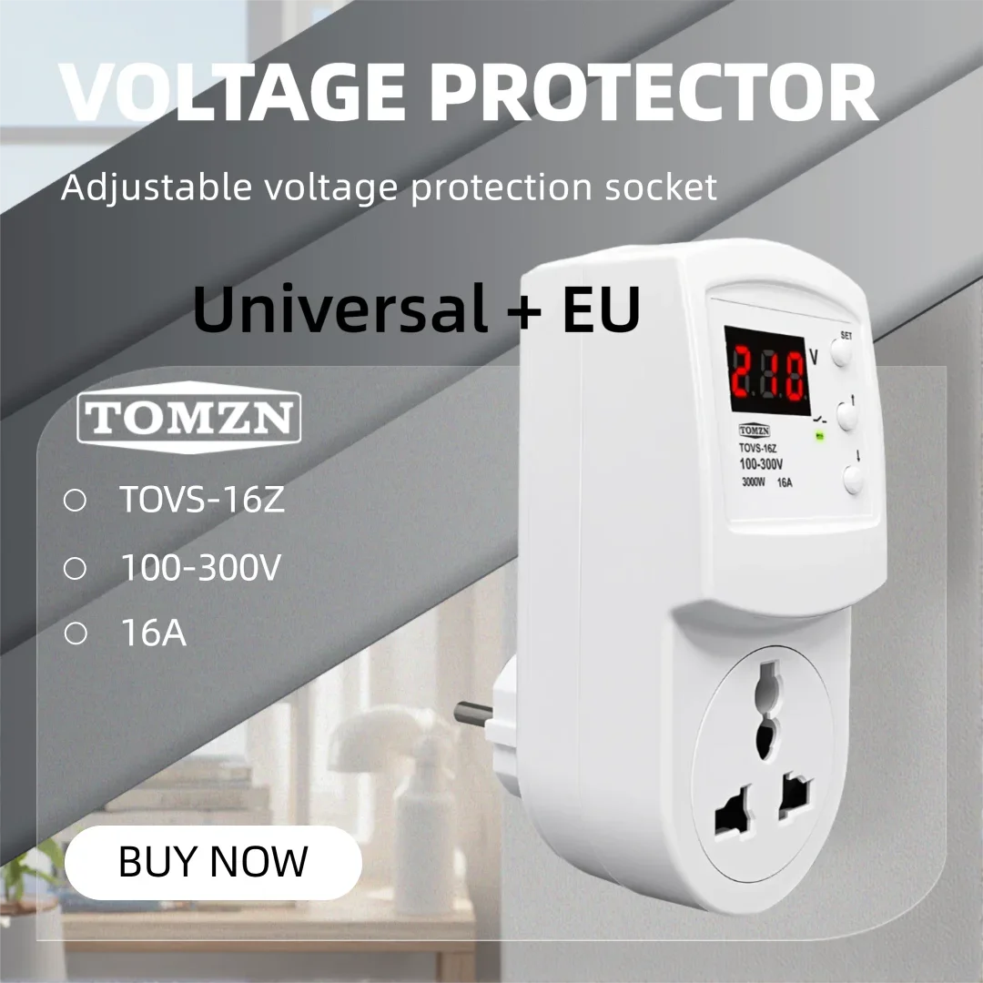 TOMZN Official EU Plug Universal Socket Auto Voltage Protector AC 110V 230V 16A TOVS-16Z OVP UVP For Household Air Conditioner