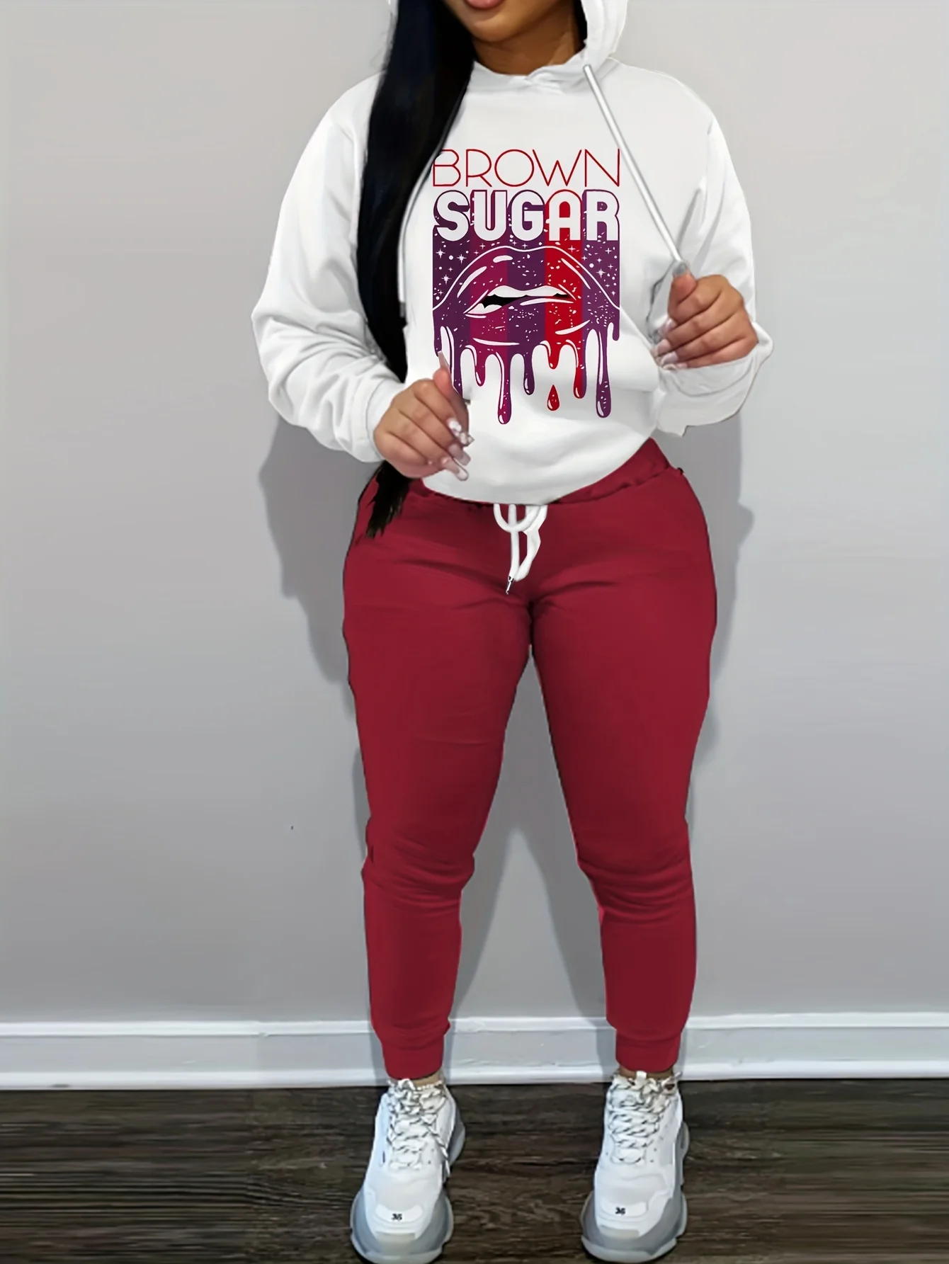 Plus Size Women\'s Long Sleeve Hooded Pants Suit, Loose Casual Pants, Letter Pattern, XL-5XL, New, Autumn and Winter, 2024