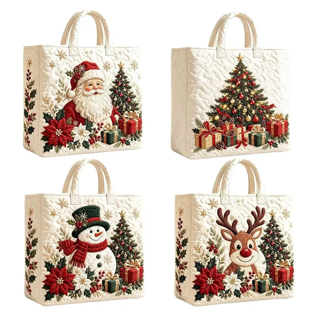 Quilted Design Christmas Handbag Padded Lightweight Quilted Tote Bag Snowman Print Family Print Holiday Travel Bag For Women