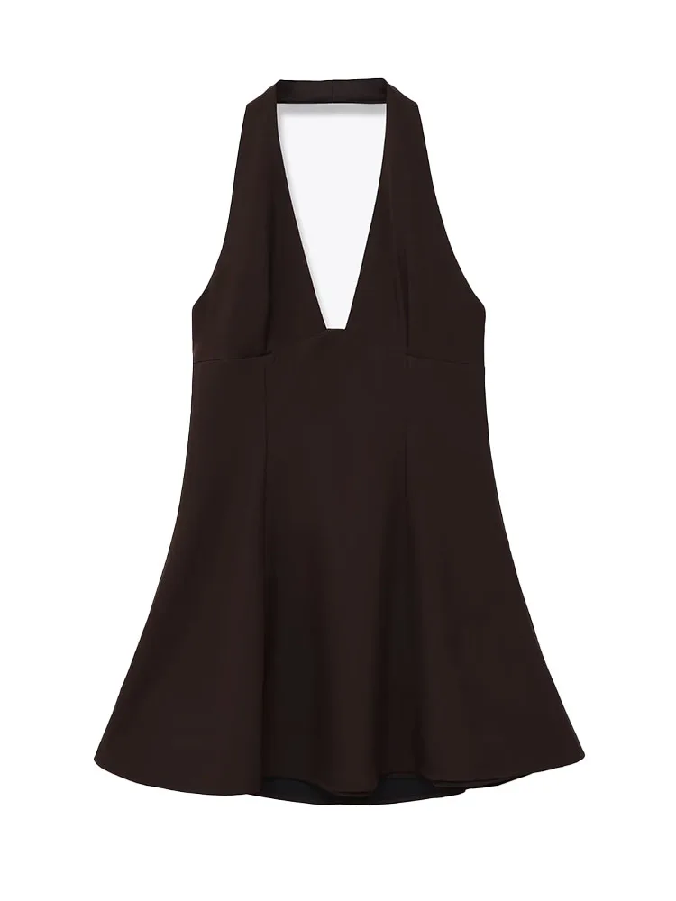 Hh feminino 2025 nova moda fora do ombro dupla camada halterneck sem mangas vestido feminino elegante sexy sem costas zíper vestido curto