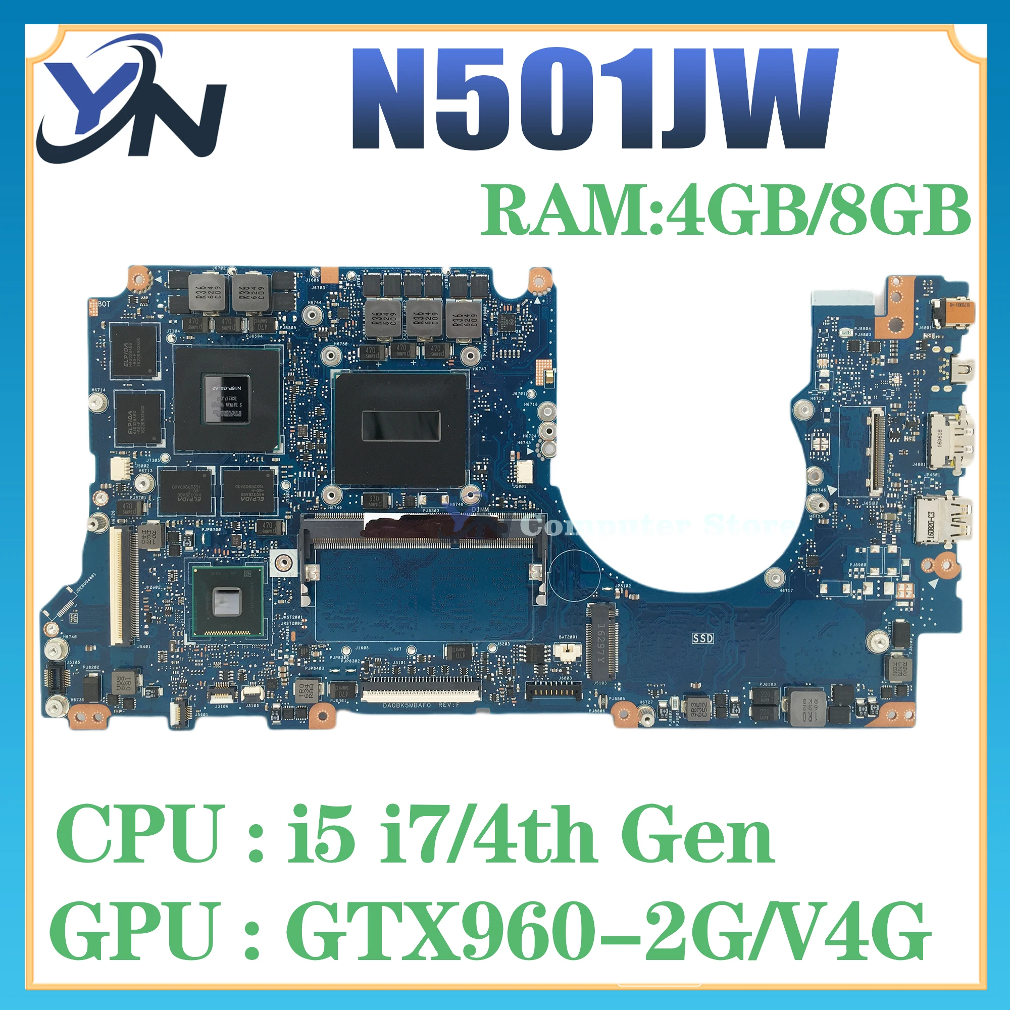 N501JW Mainboard For ASUS UX501J UX501JW N501J G501J G501JW G60JW  FX60J Laptop Motherboard I5 I7 GTX960M-2G/V4G 4GB/8GB-RAM