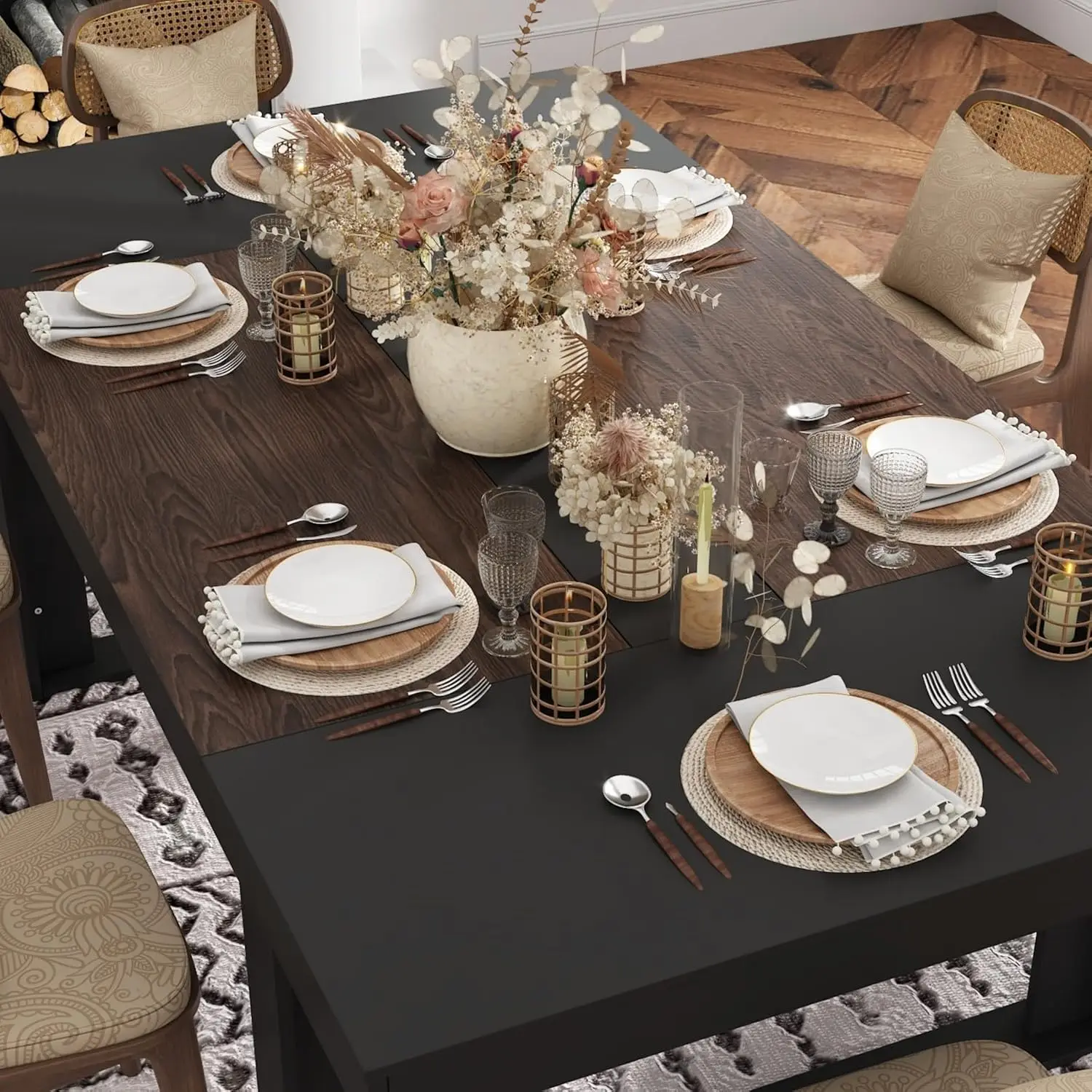Nowoczesny stół do jadalni dla 6-8 osób, duży stół kuchenny 218 cm z drewnianymi nogami, do jadalni, kuchni, biura, czarny i brokatowy