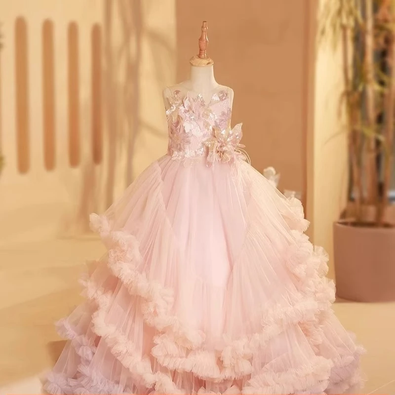 Pink Girls Princess Party Dress with Long Train Flower Girl Piano Performance Pageant Formal Wedding Gown for Birthday Children