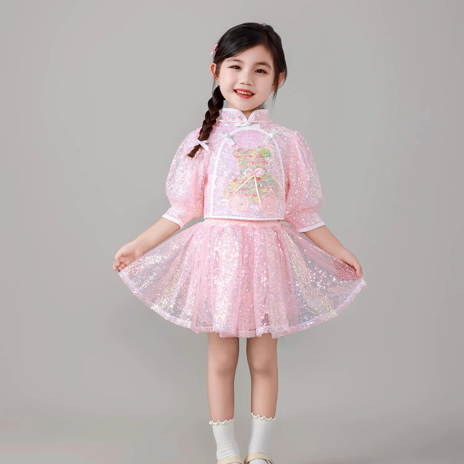 

Modern pink Sequins dance dress girls Children Kids Tutu Dress Stage Performance star dance costume girls Kids