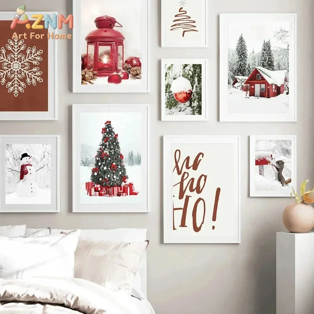 AZNM Frameless Canvas Wall Art, Christmas Snowman Snowflake Red Lantern Cabin Winter Print Poster, Ho Ho Ho Quote Festive Holida