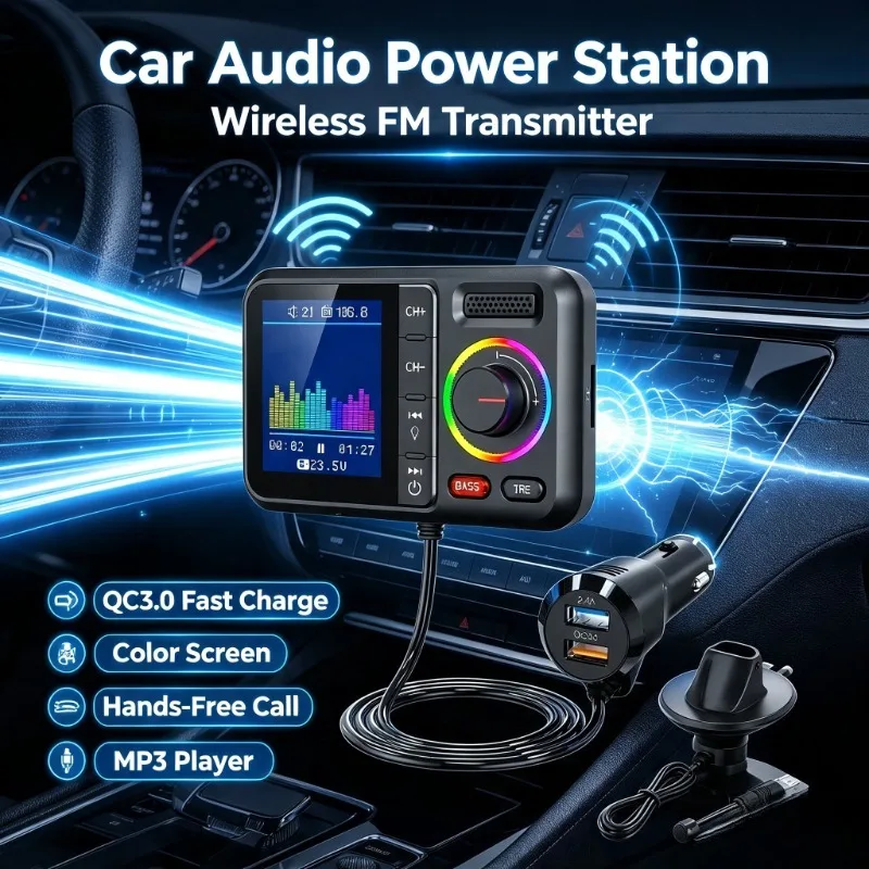 Large Color Screen Car FM Transmitter QC3.0 Dual USB Charging, Hands-Free Audio Adapter for Driving Music and Calls