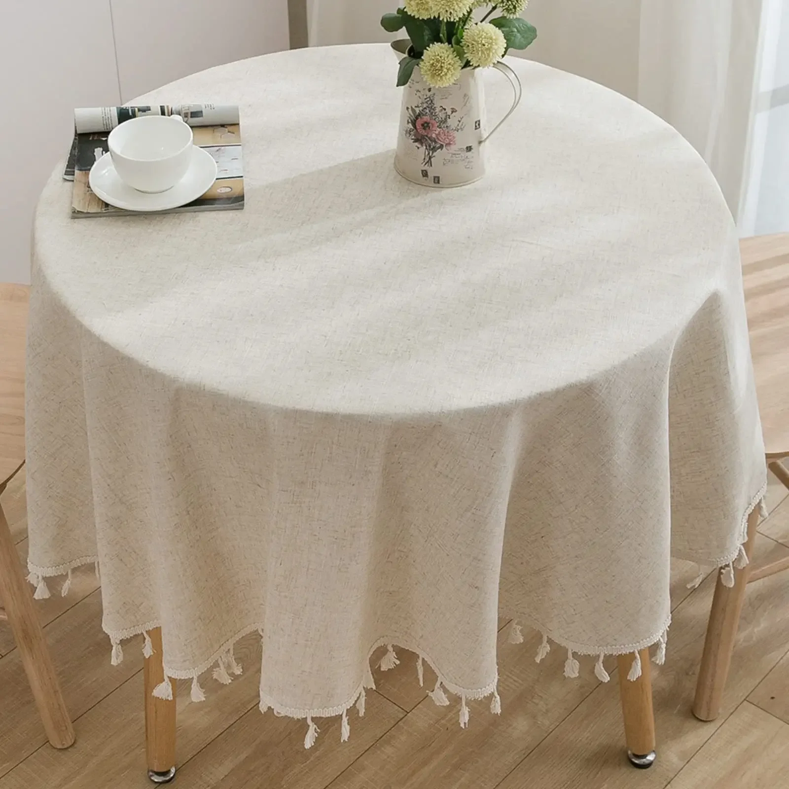 French Round Tablecloth Household Circular Table Cover Linen Cotton Tablecloth with Tassels Home Party Wedding Kitchen Decor