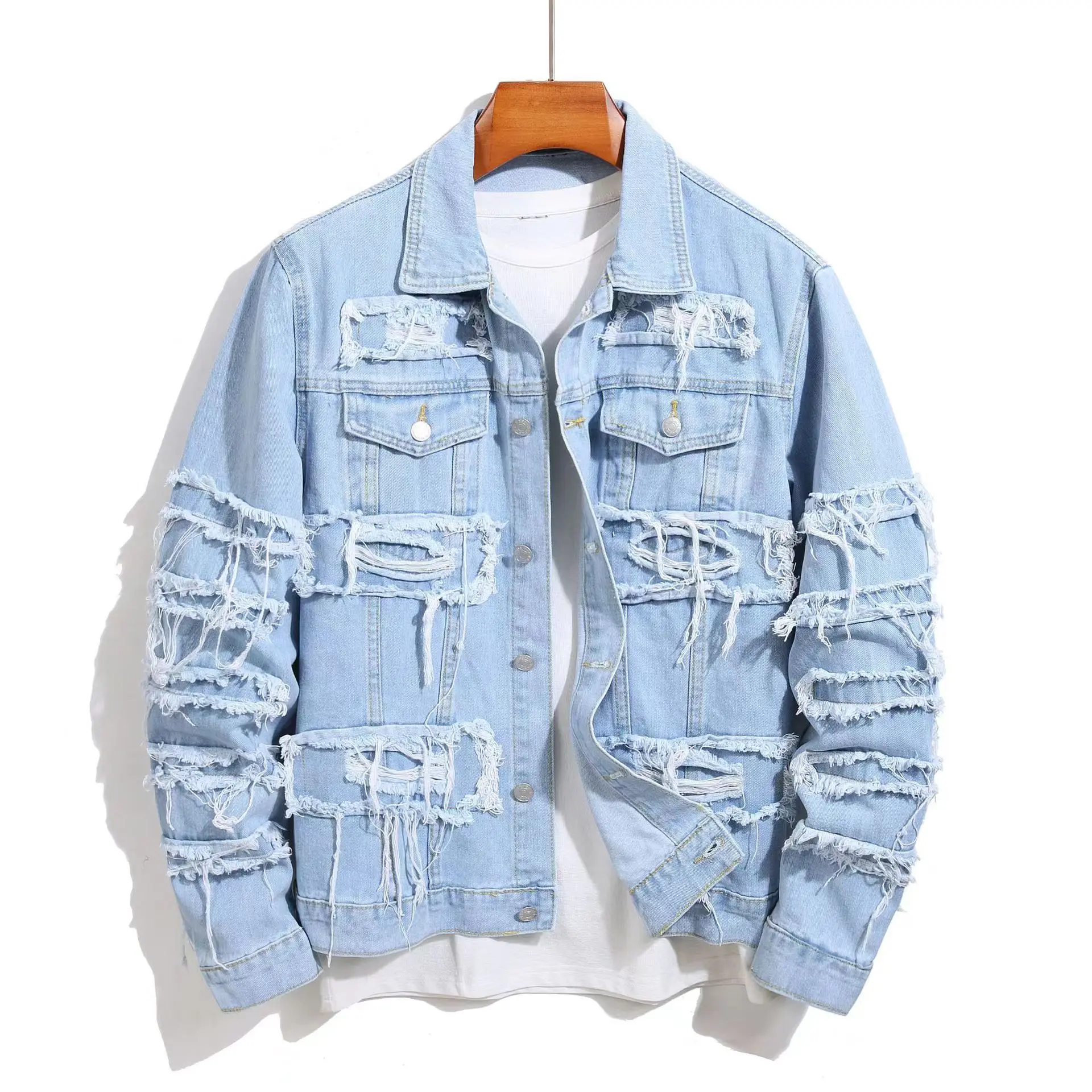 2024 New Men Distressed Stacked Splicing Denim Jacket Stylish Street Slim Ripped Male Casual Jean Jacket Coat