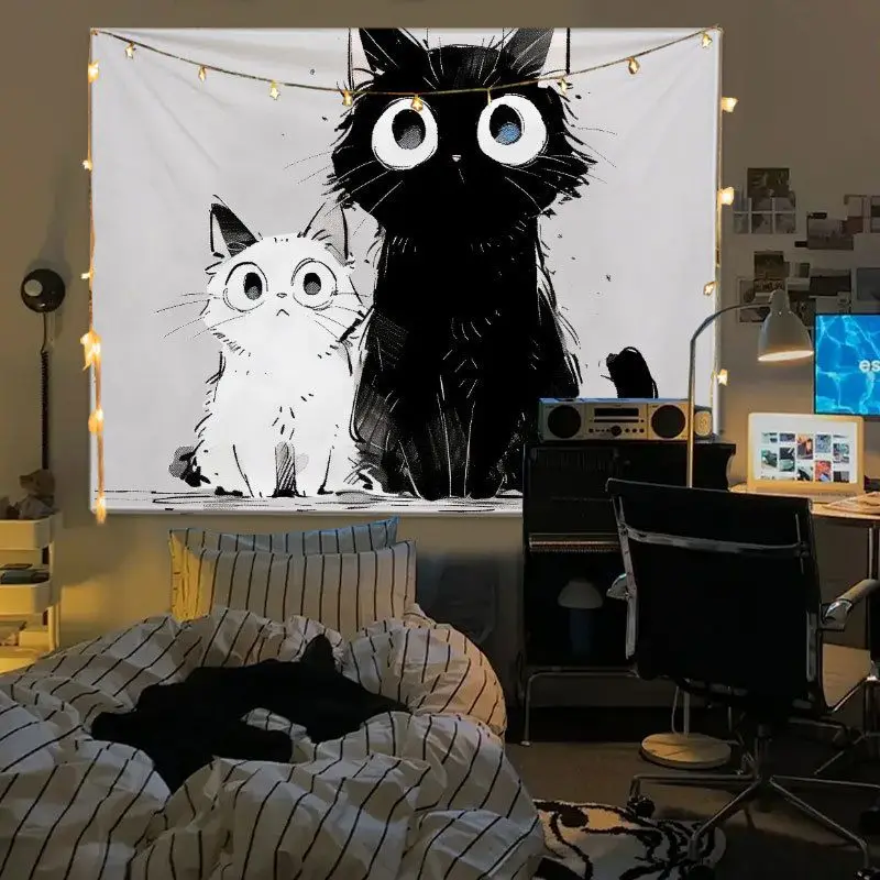 VIKAMA Cute Kitten Tapestry Black White Cat Wall Hanging Polyester Photo Backdrop Bedroom Dorm Aesthetic Room Decor