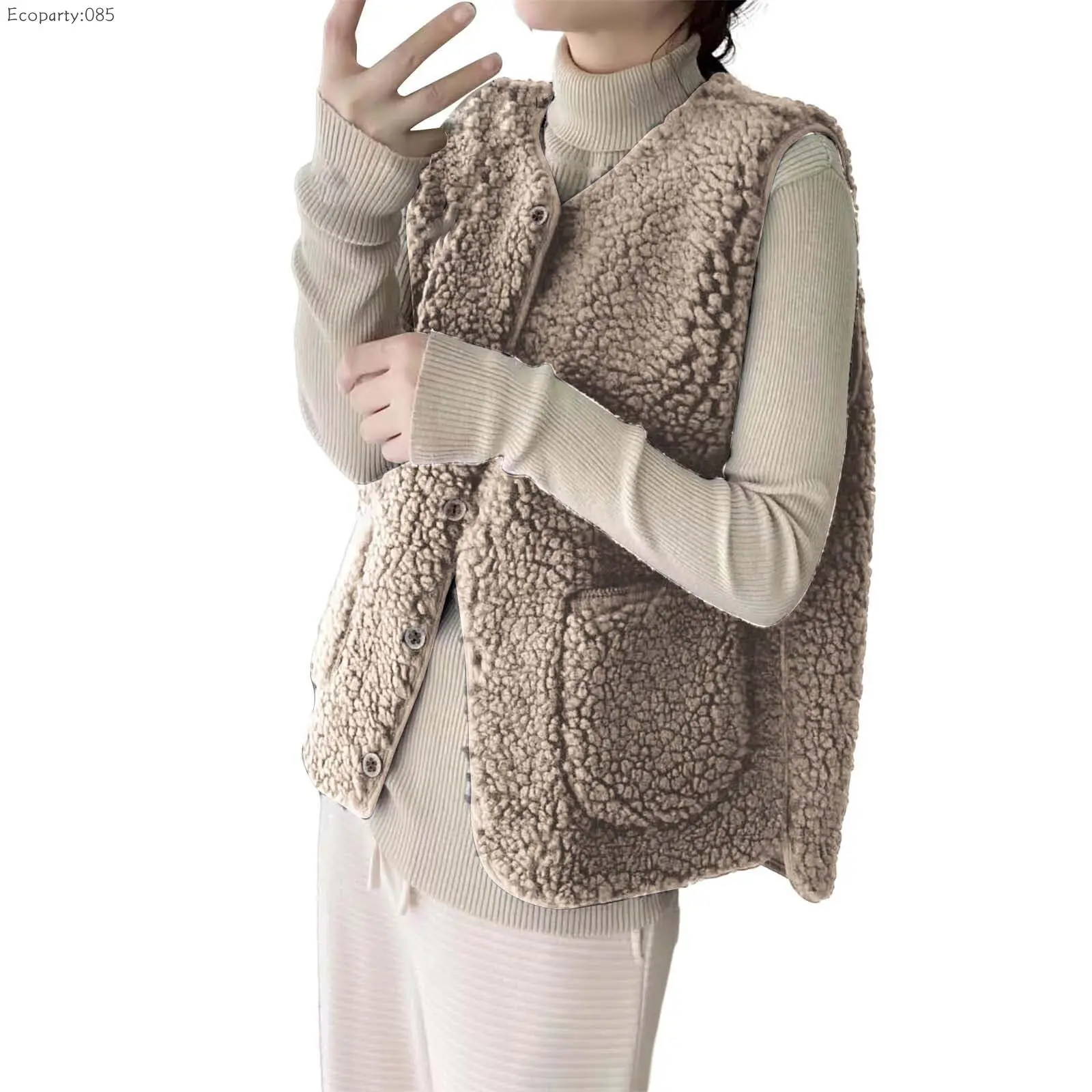 Damska ciepła kurtka zimowa z polaru teddy, bezrękawnik z puszystego pluszu z dekoltem w serek, płaszcz z kieszeniami, kurtka zimowa na zewnątrz.