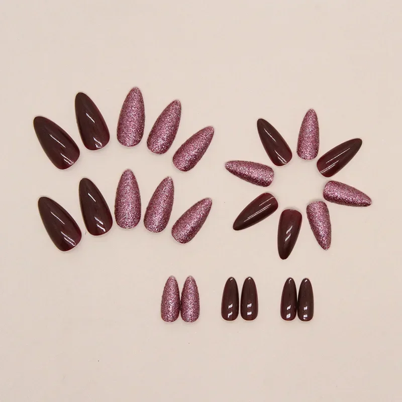 24 Pcs Medium Acyrlic Press on Nails Girls Ready-made Artificial Stick-on Nails Red Glitter Almonds Fake Nails with Glue Winter